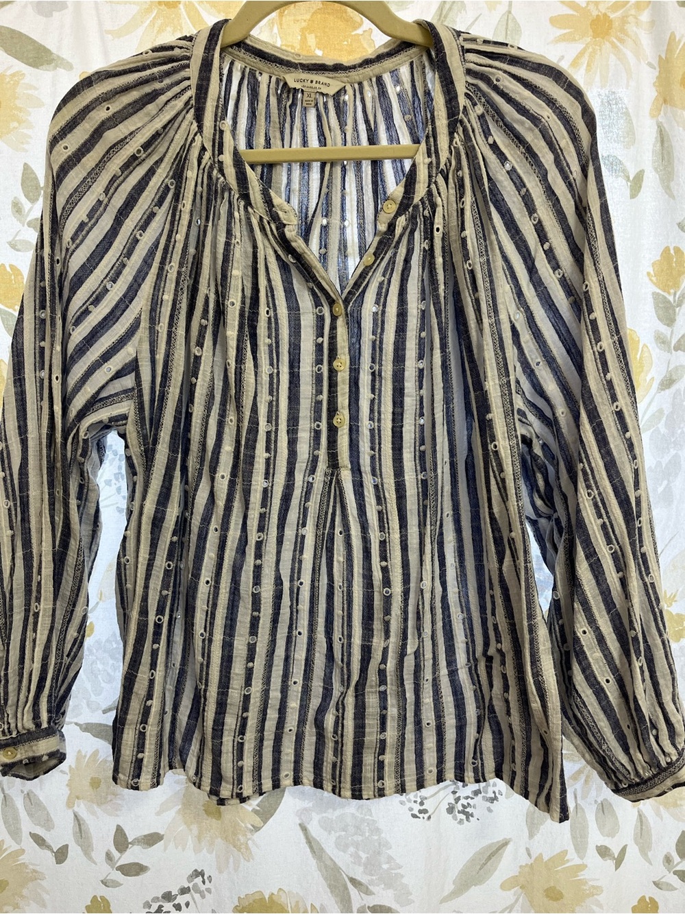 Lucky Brand Navy and Cream Striped Button-Front Blouse